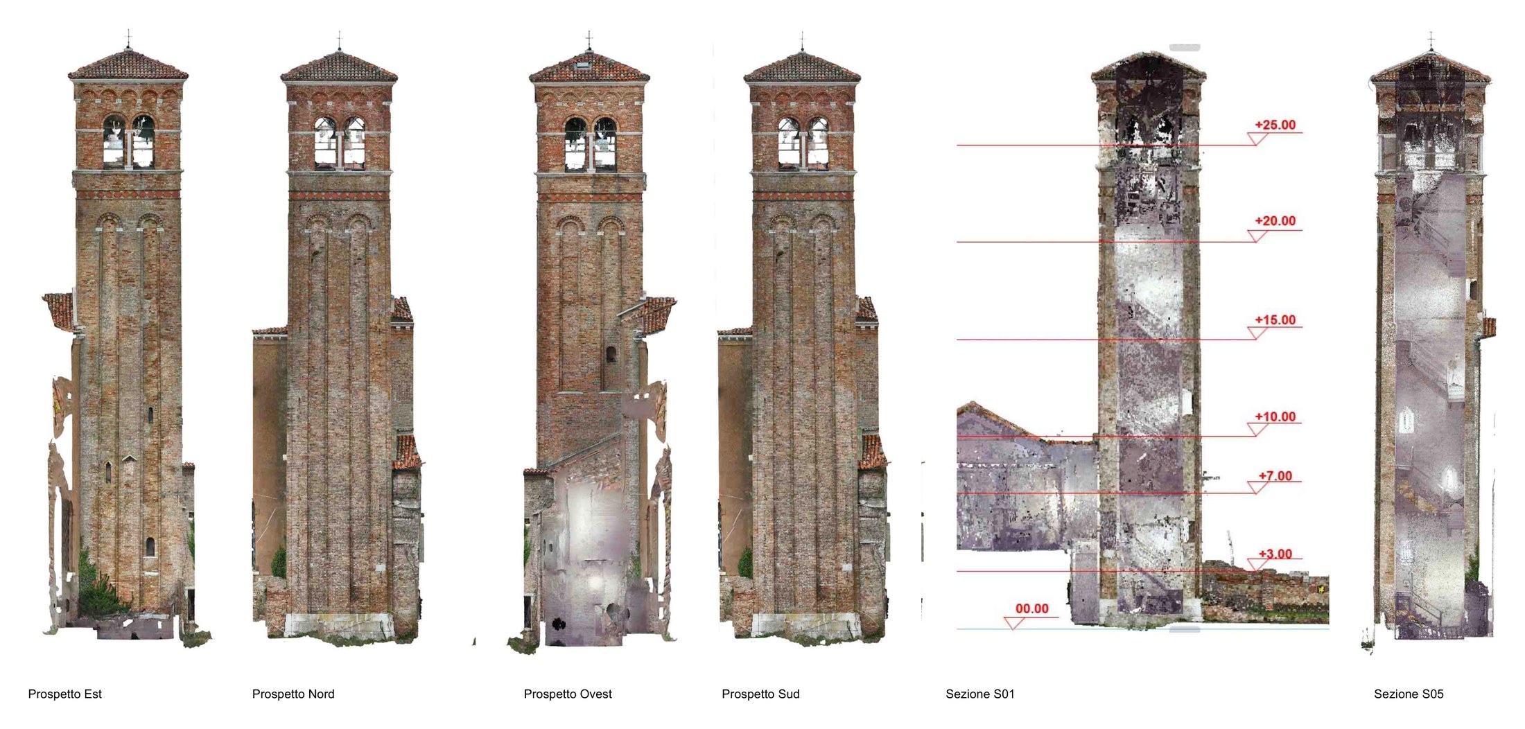 Prospetti e sezioni quotate del campanile della chiesa di San Domenico a Chioggia, dal rilievo laser scanner e drone