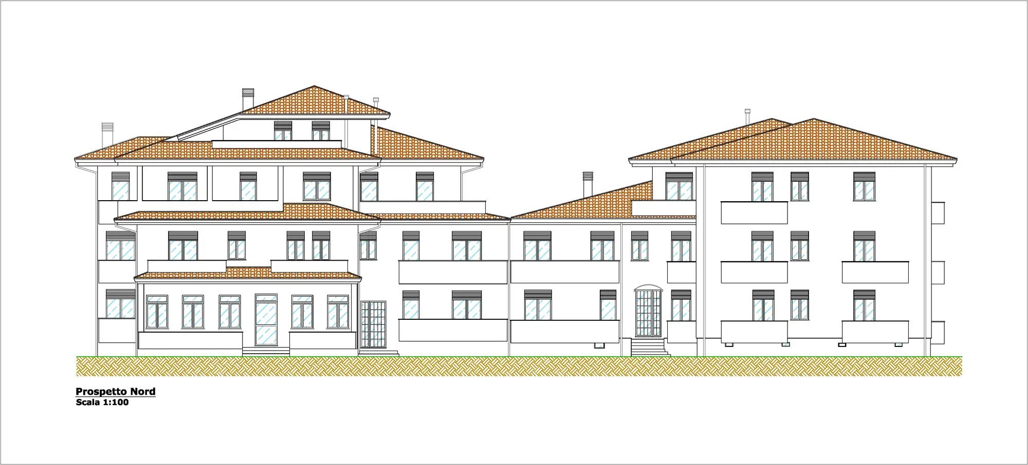 Prospetto nord del condominio restituito in CAD, scala 1:100