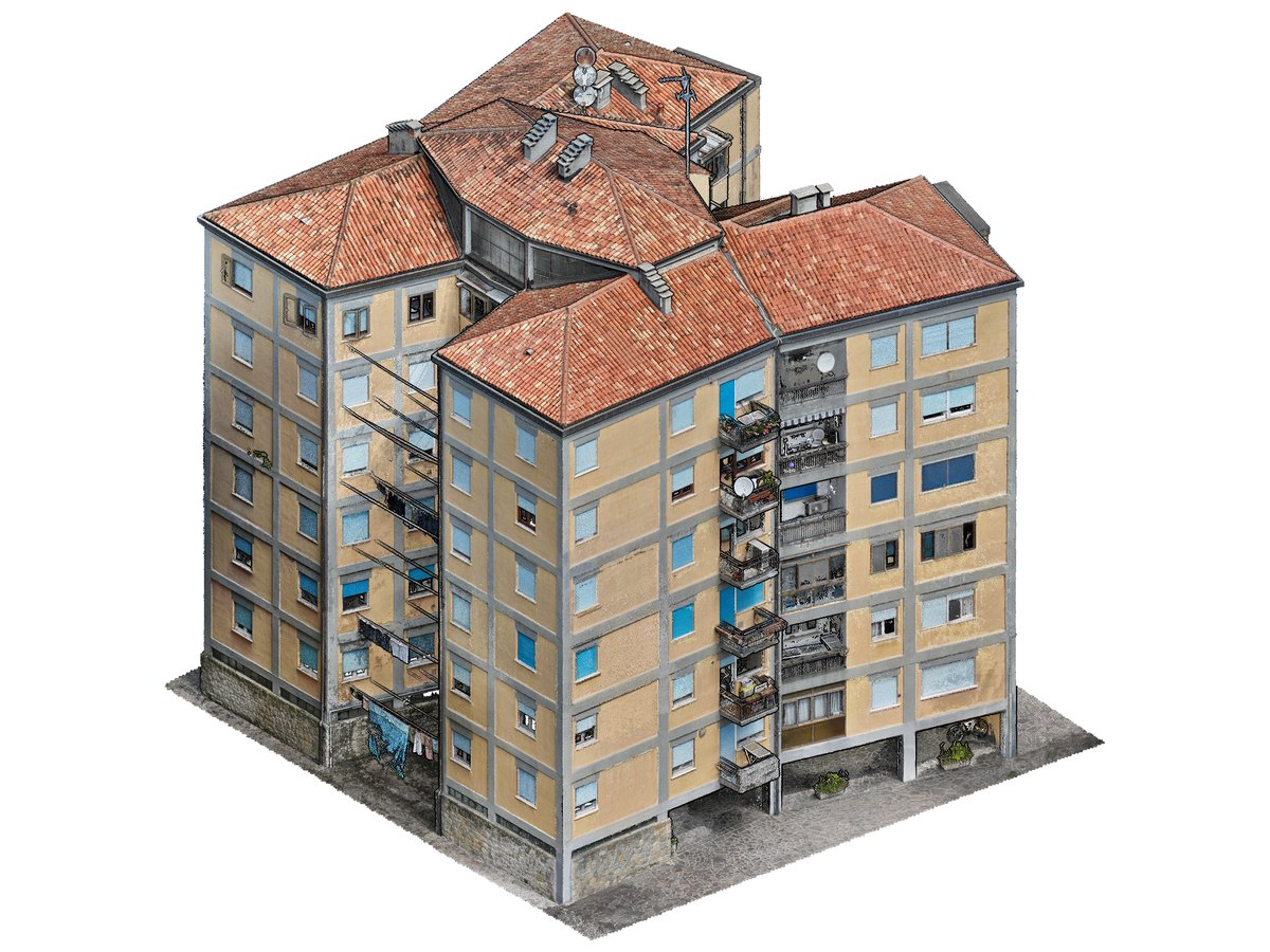 Vista 3D della nuvola di punti a colori di un condominio a Mestre, rilievo da drone