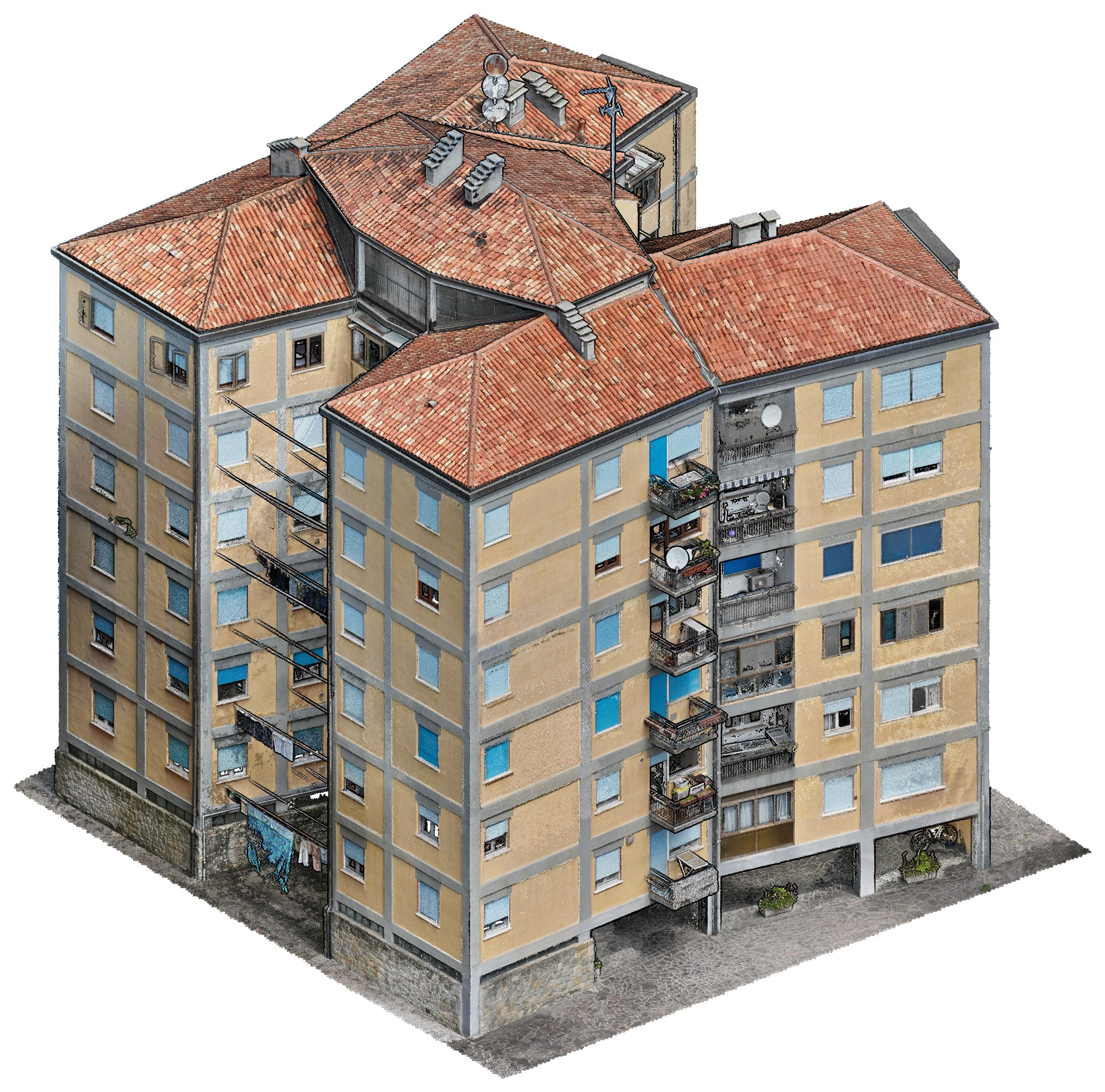 Vista 3D della nuvola di punti a colori di un condominio a Mestre: tetti, facciate e balconi da drone