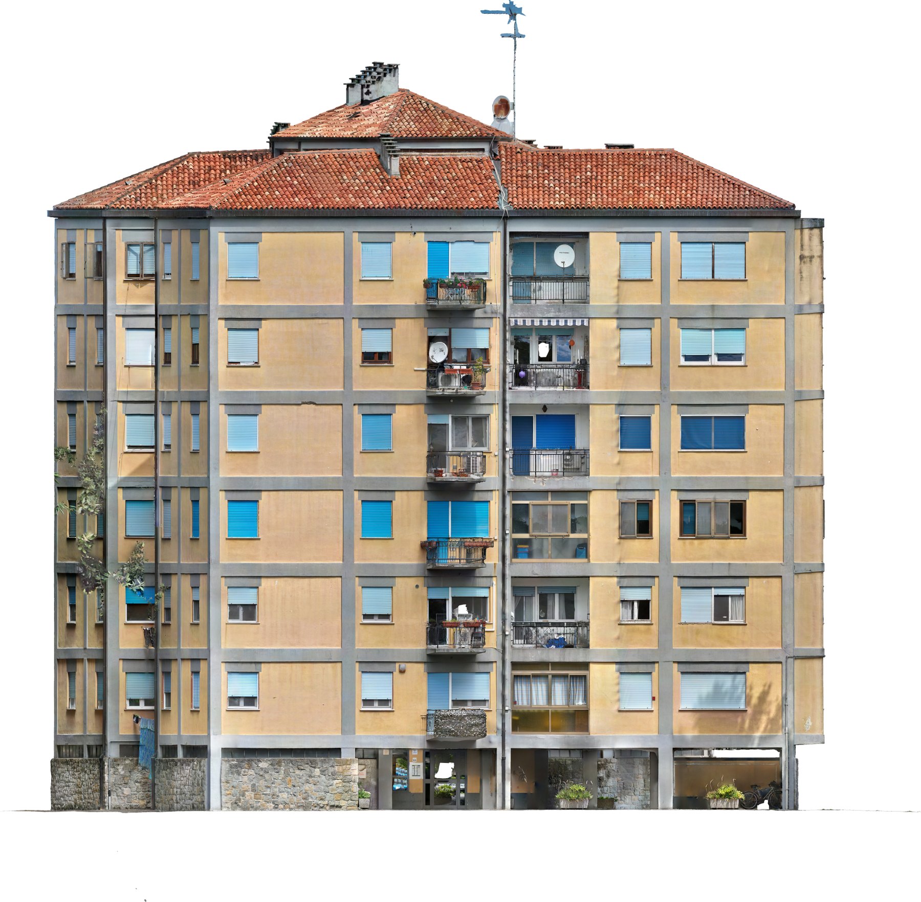 Ortofoto della facciata di un condominio a Mestre, da drone