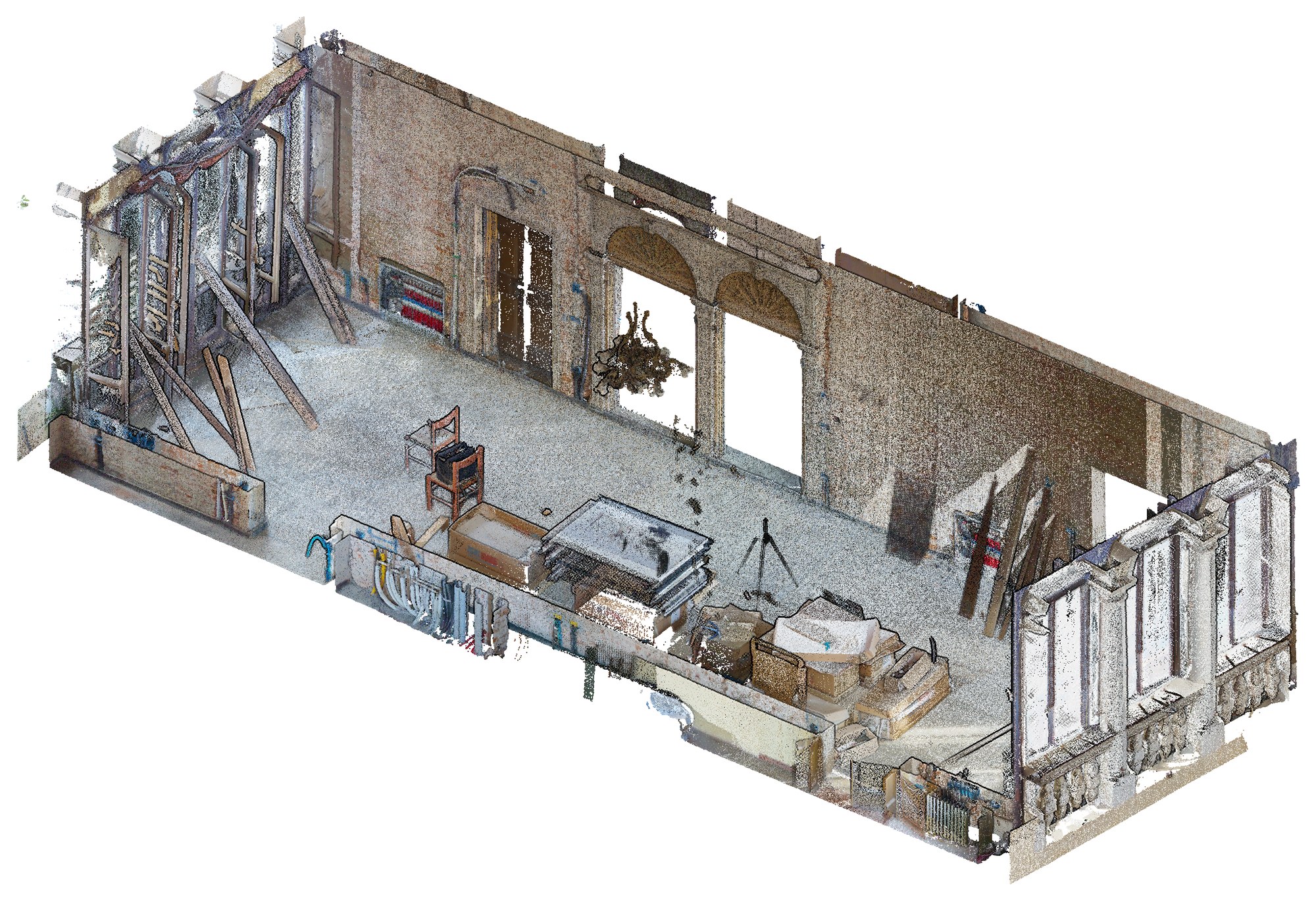Spaccato della nuvola di punti a colori del portego al piano nobile di un palazzo storico a Venezia, da laser scanner