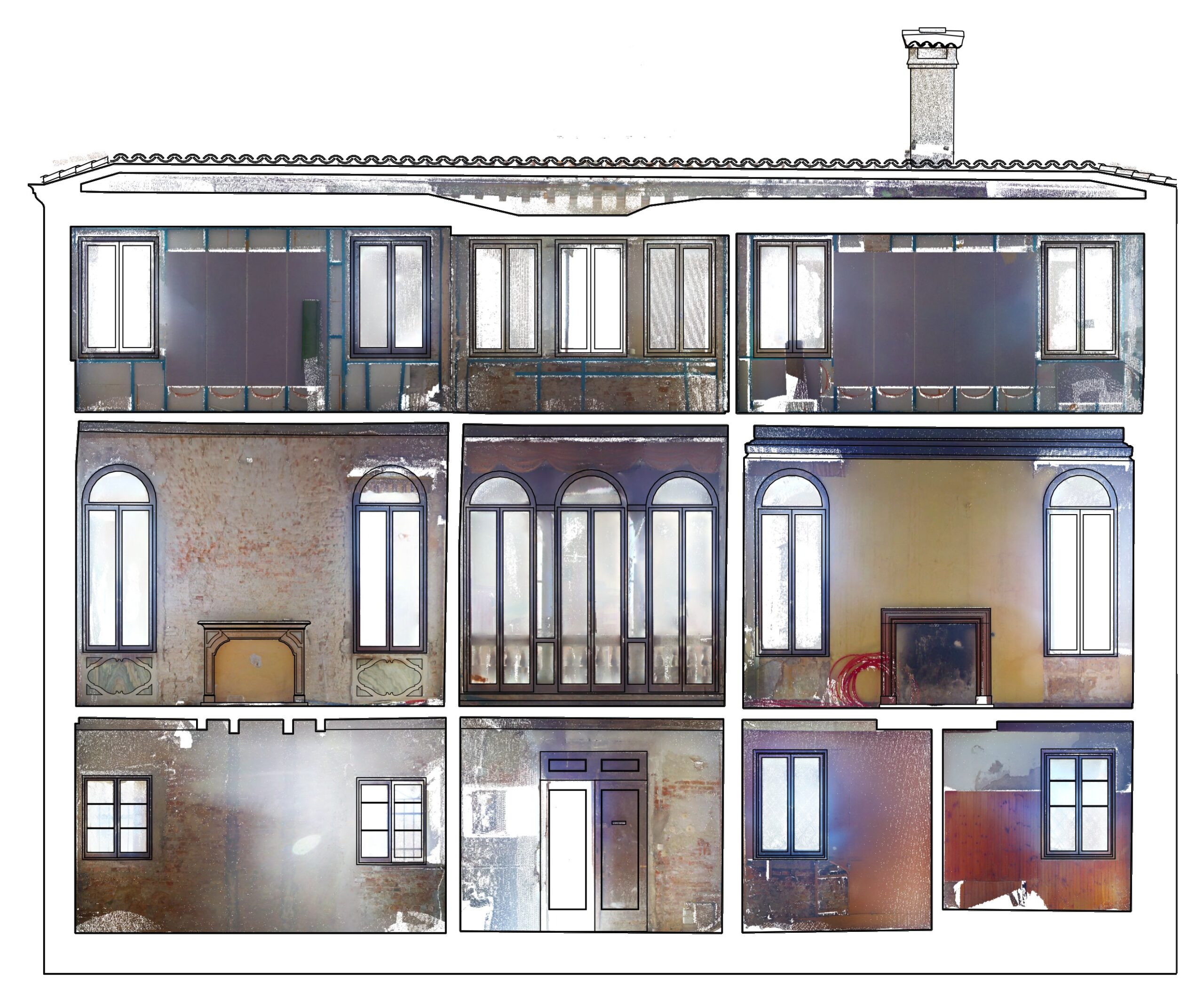 Sezione di un palazzo storico a Venezia con le pareti interne fotografate e raddrizzate dalla nuvola laser scanner